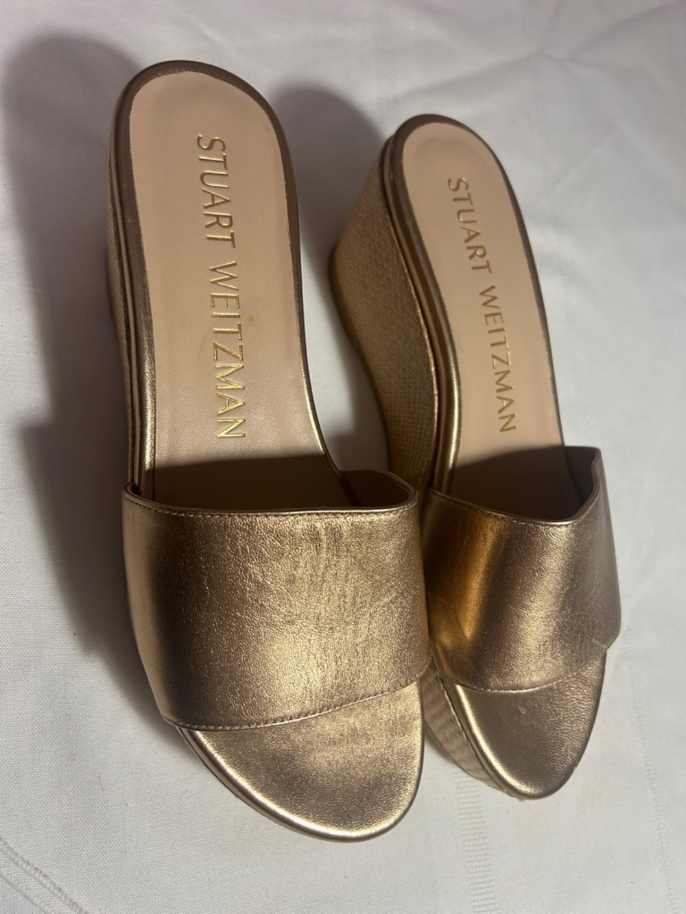 Stuart Weitzman Metallic Gold Slide Wedges